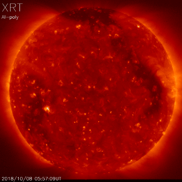 日本の太陽観察衛星ひのでからの2018年10月8日午前5時57分最新映像です。