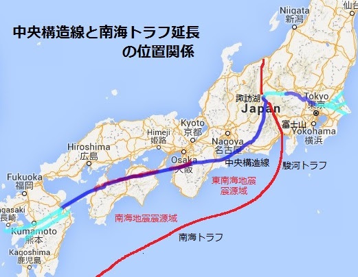 中央構造線と南海トラフ延長の位置関係図