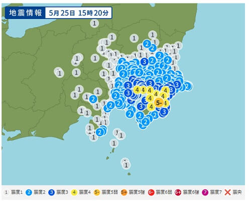 2019年5月25日15時20分に発生した千葉県南部震度5弱。