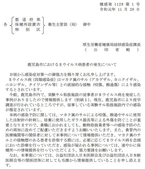 鹿児島市におけるBウイルス病患者の発生についてへのリンク画像です。