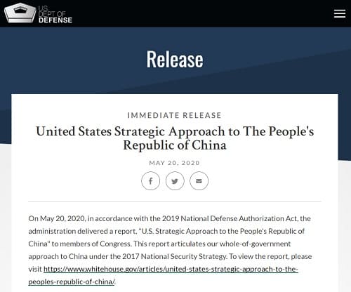 2020年5月20日 アメリカ国防省HPへのリンク画像です。