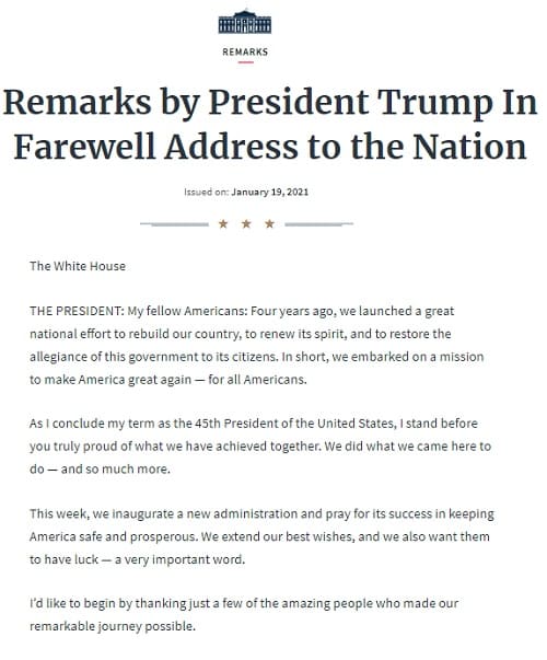 2021年1月19日 The White Houseのリンク画像です。