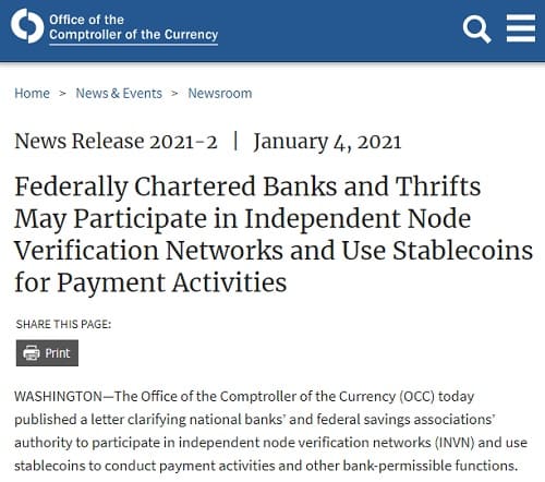 2021年1月4日 office on the Comptroller of the Currencyのリンク画像です。