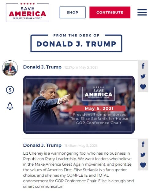 2021年4月26日 Donald Trump.comへのリンク画像です。